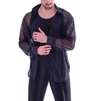 Close-up of the DSI 3289 mesh shirt collar, buttons and cuffs on a man