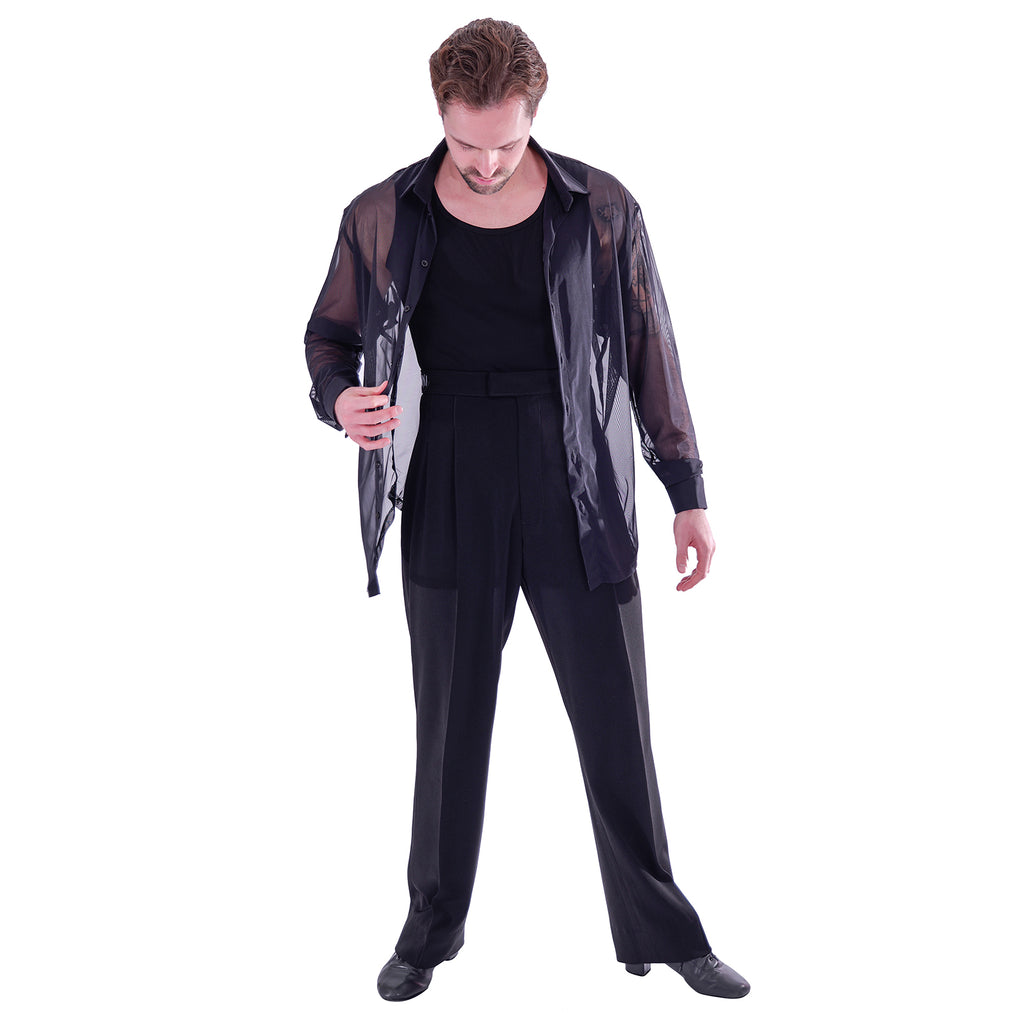 Full-length view of the DSI 3289 mesh shirt worn open by a man
