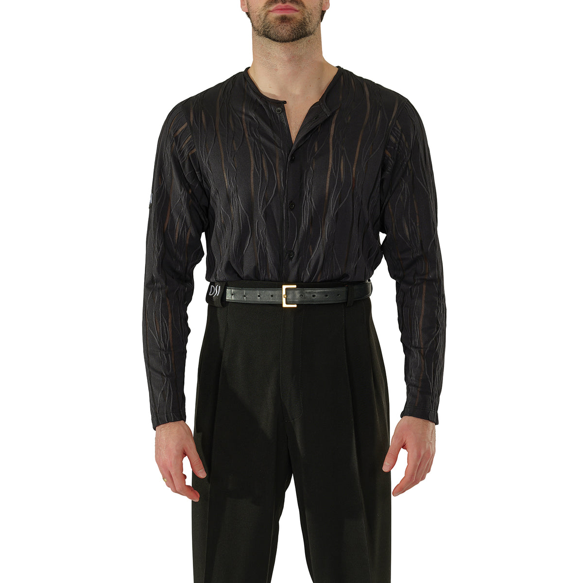 Close-up of the open neckline and button front on the DSI 3971 top