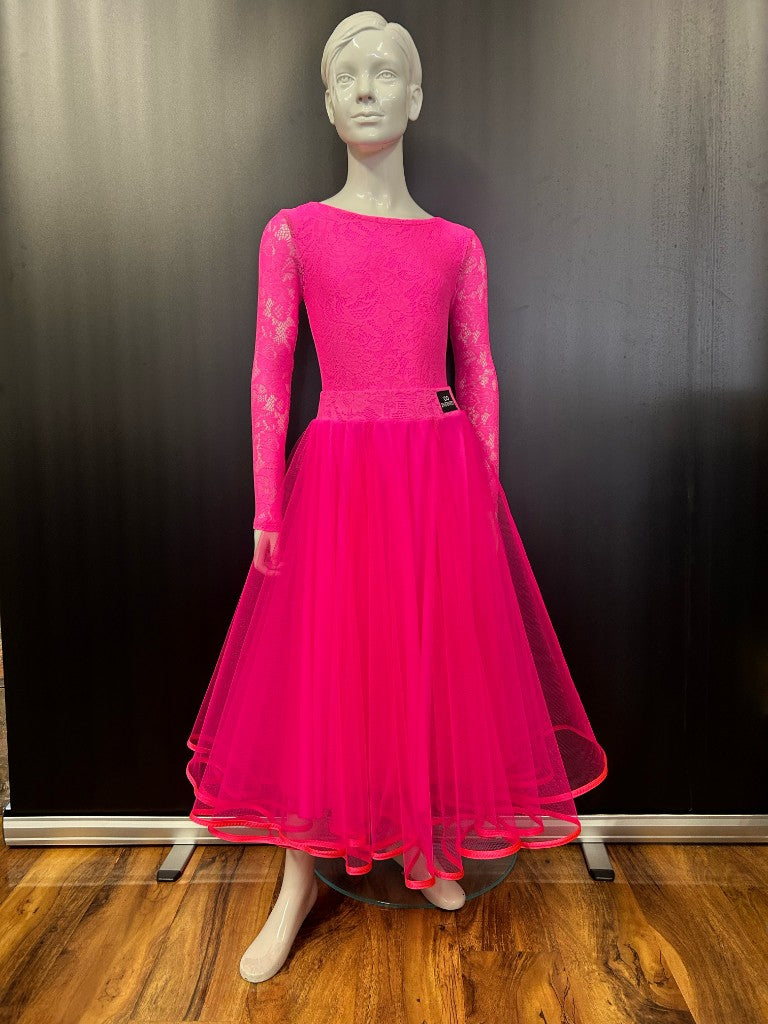 Essentials Ballroom Two Piece Set in pink stretch lace: leotard and net Ballroom skirt