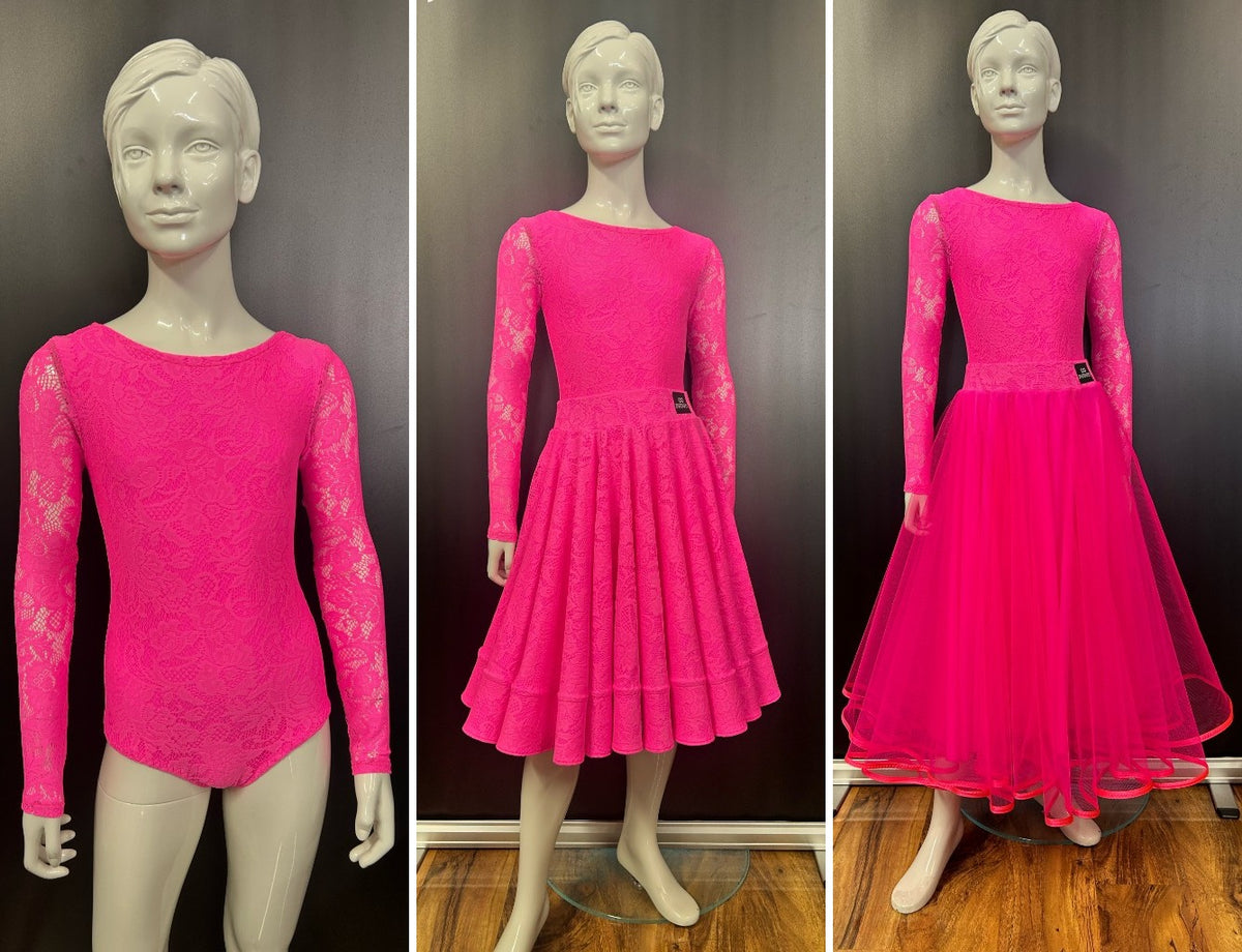 Essentials Juvenile Three Piece Set in pink stretch lace: leotard, Latin skirt and Ballroom skirt
