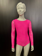 Essentials Juvenile Leotard in pink stretch lace with long lace sleeves