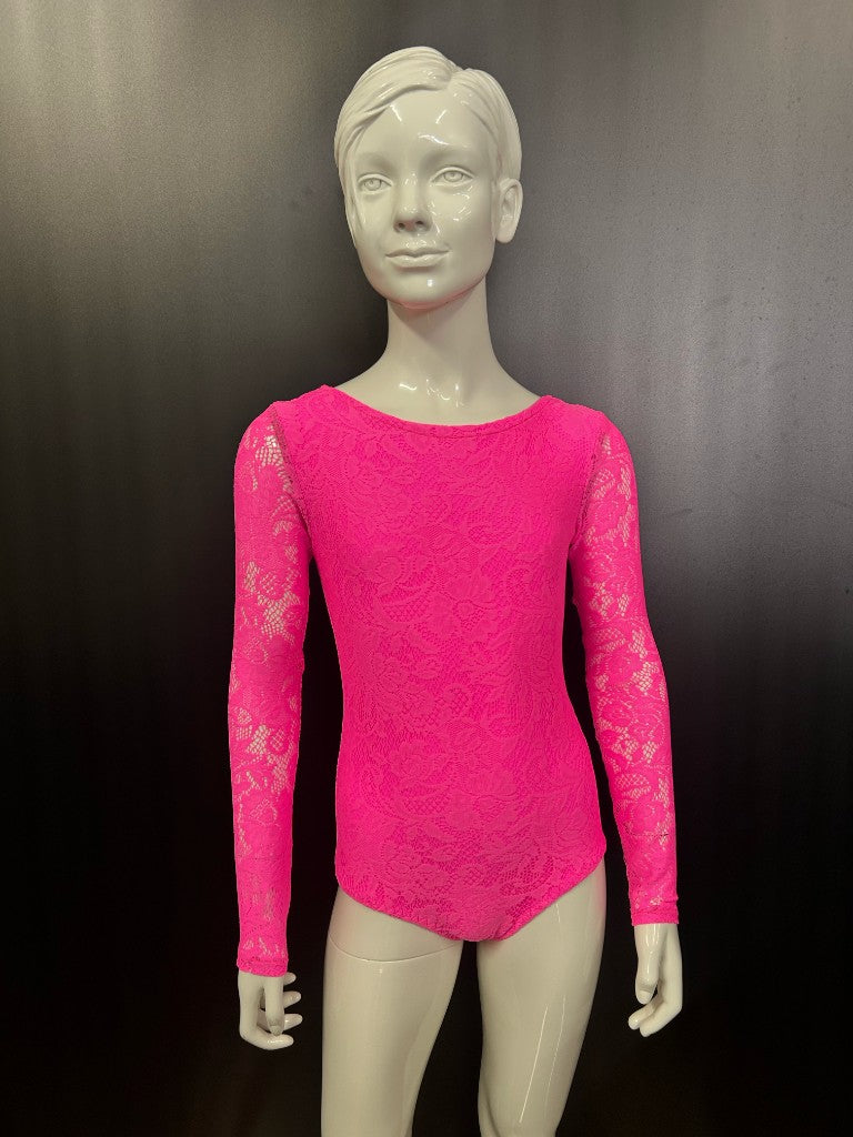 Essentials Juvenile Leotard in pink stretch lace with long lace sleeves