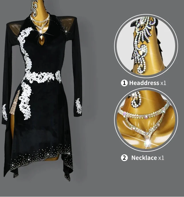 Black dress with white lace details on a mannequin, accompanied by a headdress and necklace on a gray background.