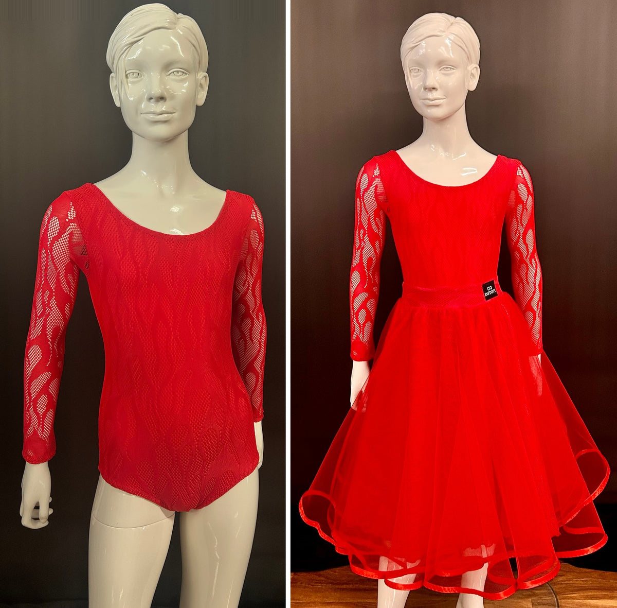 Essentials Flame Ballroom Two Piece Set in red: Flame stretch lace leotard and net ballroom skirt