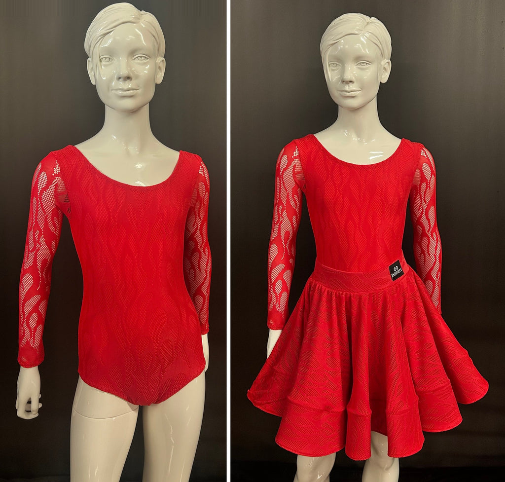 Essentials Flame Latin Two Piece Set in red Flame stretch lace: leotard and Latin skirt