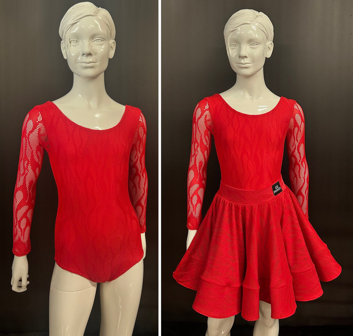 Essentials Flame Latin Two Piece Set in red Flame stretch lace: leotard and Latin skirt