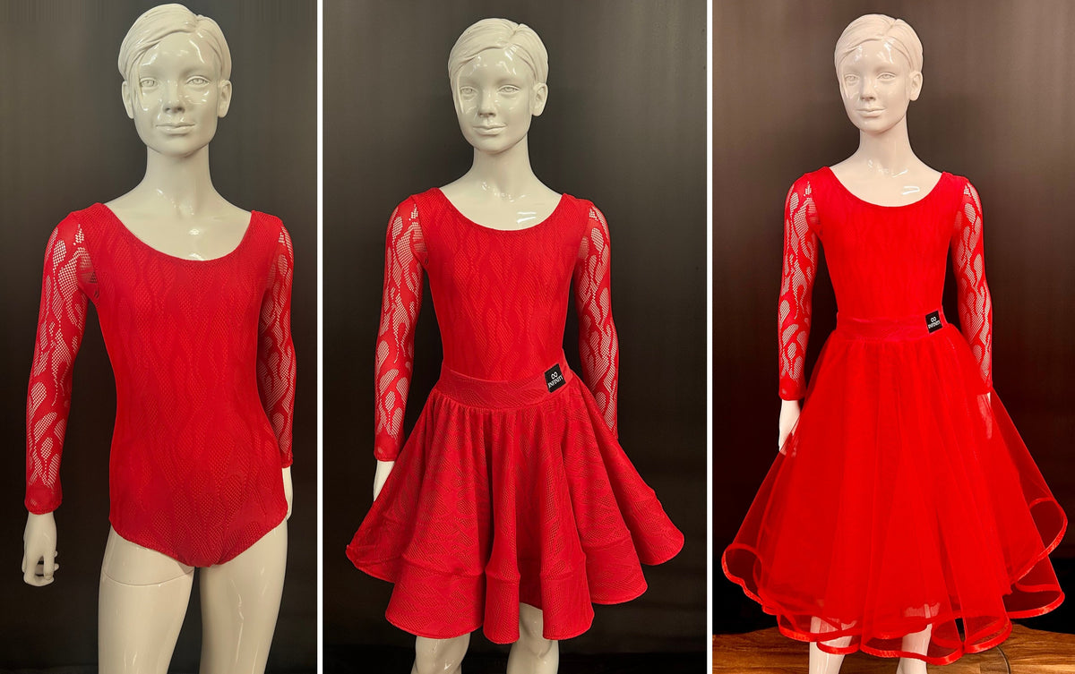 Essentials Flame Juvenile Three Piece Set in red Flame stretch lace: leotard, Latin skirt and ballroom skirt