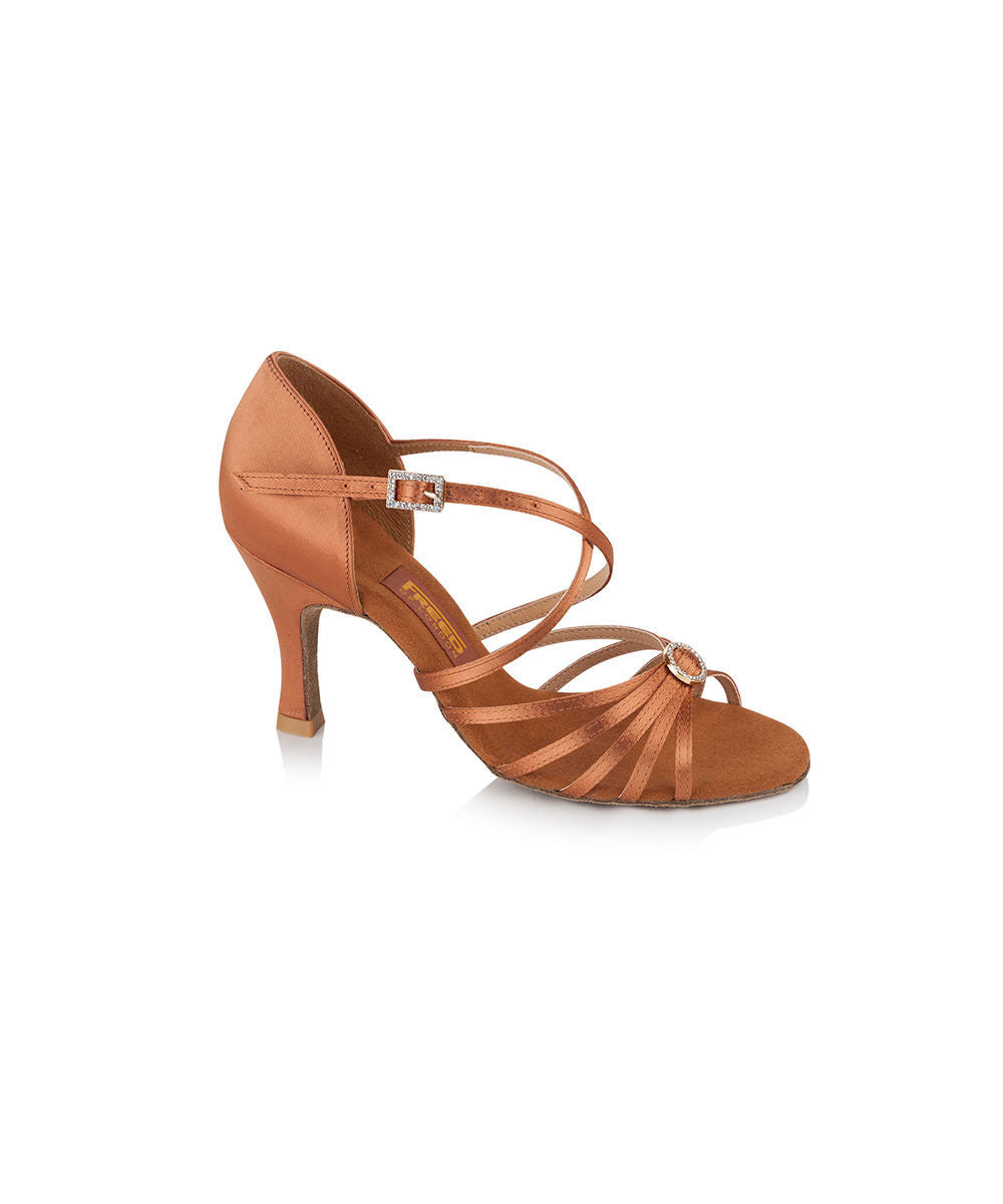 Freed of London Sophia Latin sandal in dark tan satin, with 5 strip vamp, diamante centre piece and diamante buckle — Blackpool Dance Store