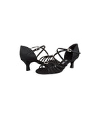 pair of Freed of London Sophia Latin sandal in black satin, with 5 strip vamp, diamante centre piece and diamante buckle — Blackpool Dance Store