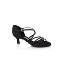 Freed of London Sophia Latin sandal in black satin, with 5 strip vamp, diamante centre piece and diamante buckle — Blackpool Dance Store
