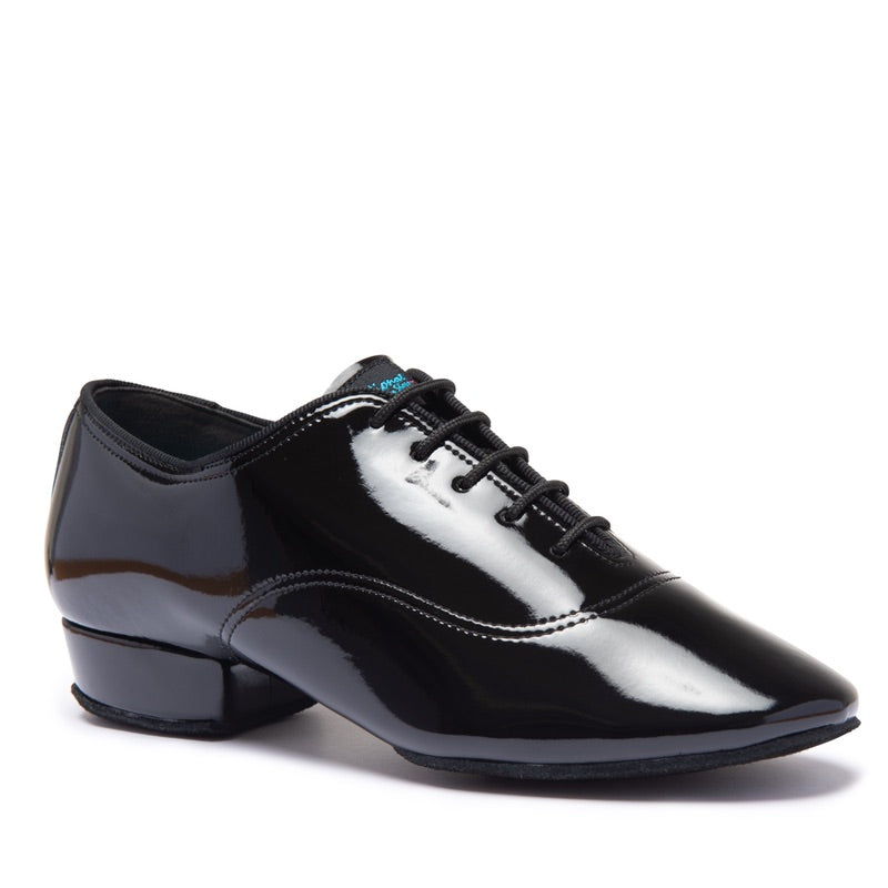 IDS Boys Contra black patent split-sole Ballroom dance shoe for young competitors highlighting a high-gloss finish and flexible split arch.
