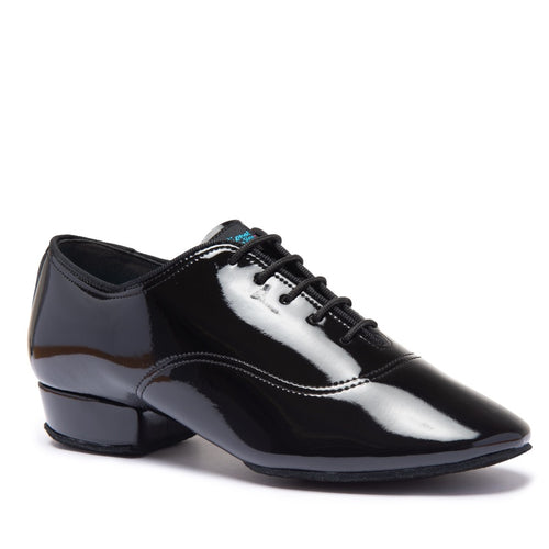 IDS Boys Contra black patent split-sole Ballroom dance shoe for young competitors highlighting a high-gloss finish and flexible split arch.