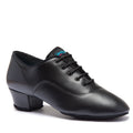 International Dance Shoes Boys Rumba split-sole black leather Latin dance shoe for juvenile competitors showcasing premium laces and low stable heel profile.