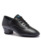 International Dance Shoes Boys Rumba split-sole black leather Latin dance shoe for juvenile competitors showcasing premium laces and low stable heel profile.