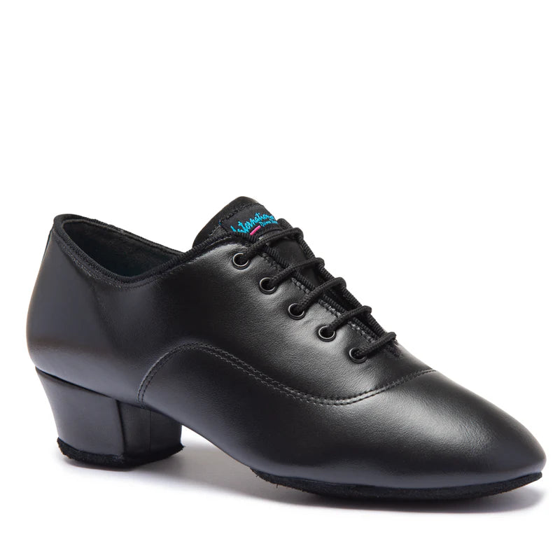 International Dance Shoes Boys Rumba split-sole black leather Latin dance shoe for juvenile competitors showcasing premium laces and low stable heel profile.