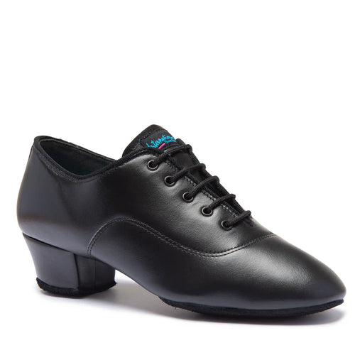 International Dance Shoes Boys Rumba split-sole black leather Latin dance shoe for juvenile competitors showcasing premium laces and low stable heel profile.