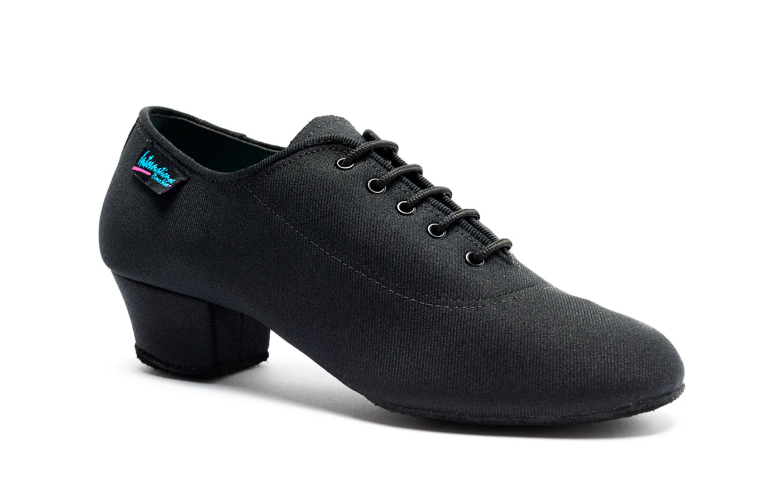 IDS Heather Split-Sole ladies practice and teaching dance shoe in matte black Lycra showcasing the flexible arch and stable low heel.