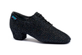 IDS Heather Split-Sole ladies practice and teaching dance shoe in a textured black and silver holographic sparkling fabric showing the low stable heel.