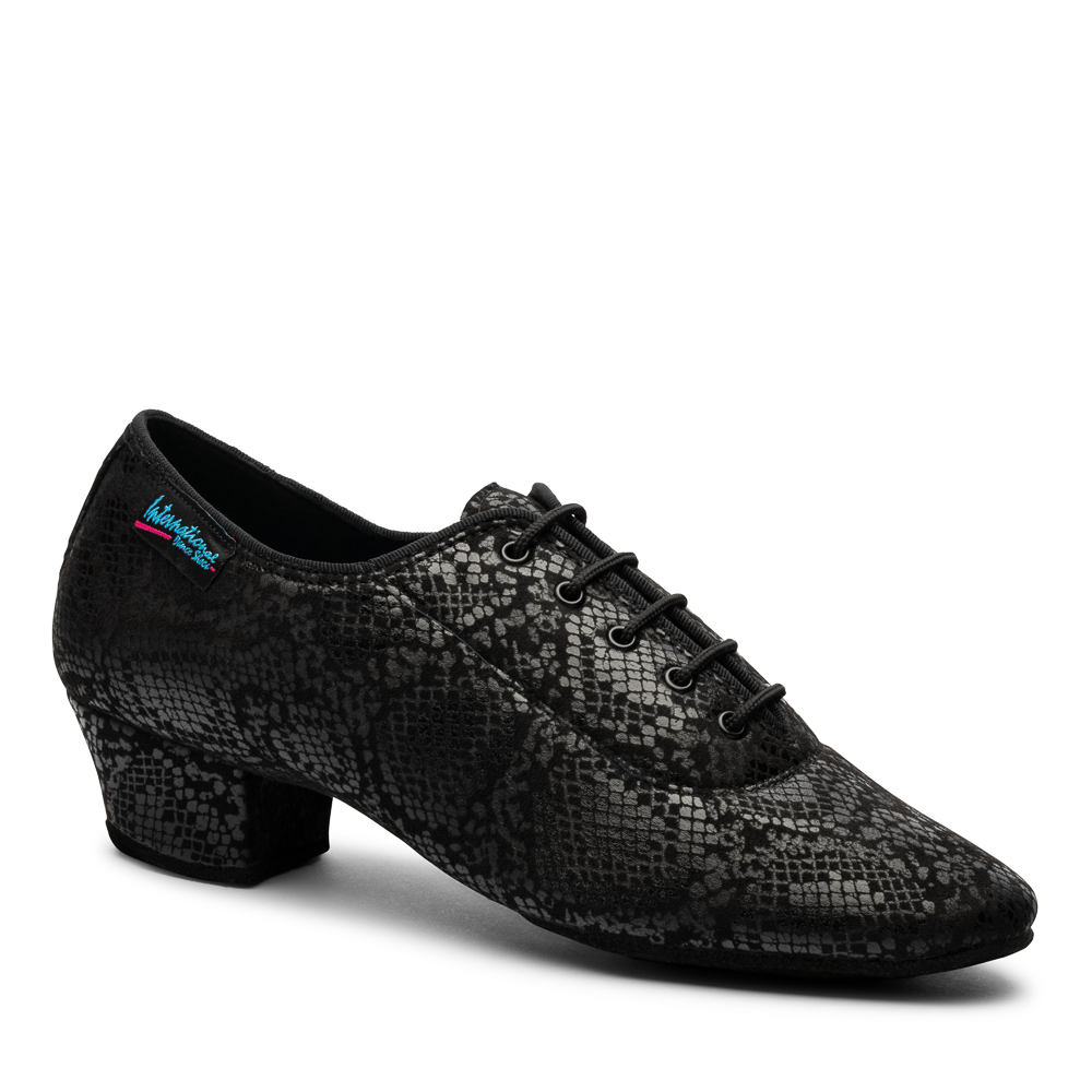 IDS Heather Split-Sole ladies practice and teaching dance shoe featuring a textured black snake skin print finish and a supportive low heel profile.