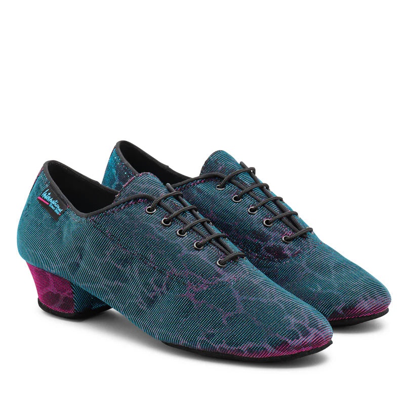 IDS Heather Split-Sole ladies practice and teaching dance shoe in the limited-edition blue and pink panther holographic animal print layout.