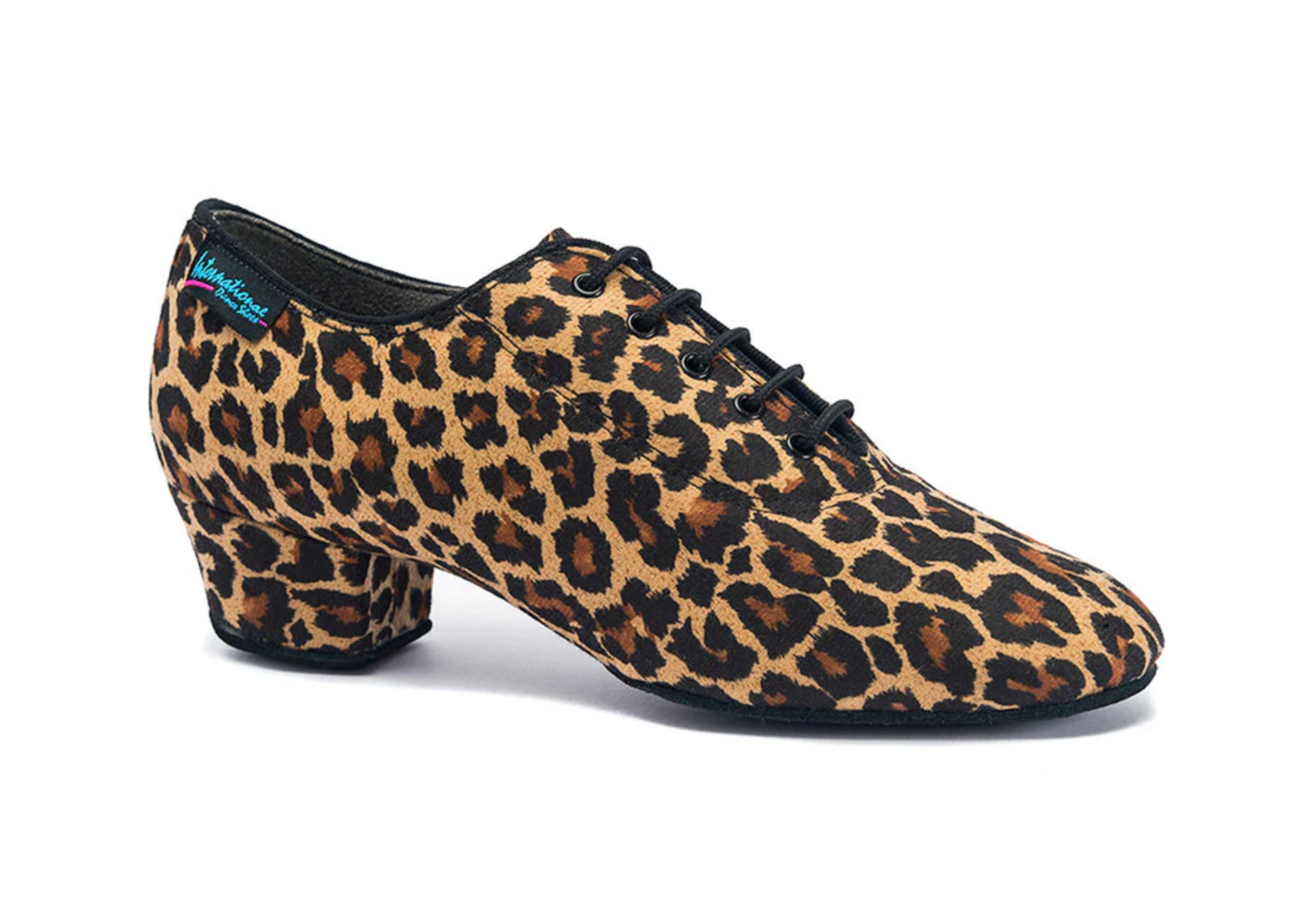 IDS Heather Split-Sole ladies practice and teaching dance shoe in a premium plush leopard print fabric showcasing the low stable heel profile.