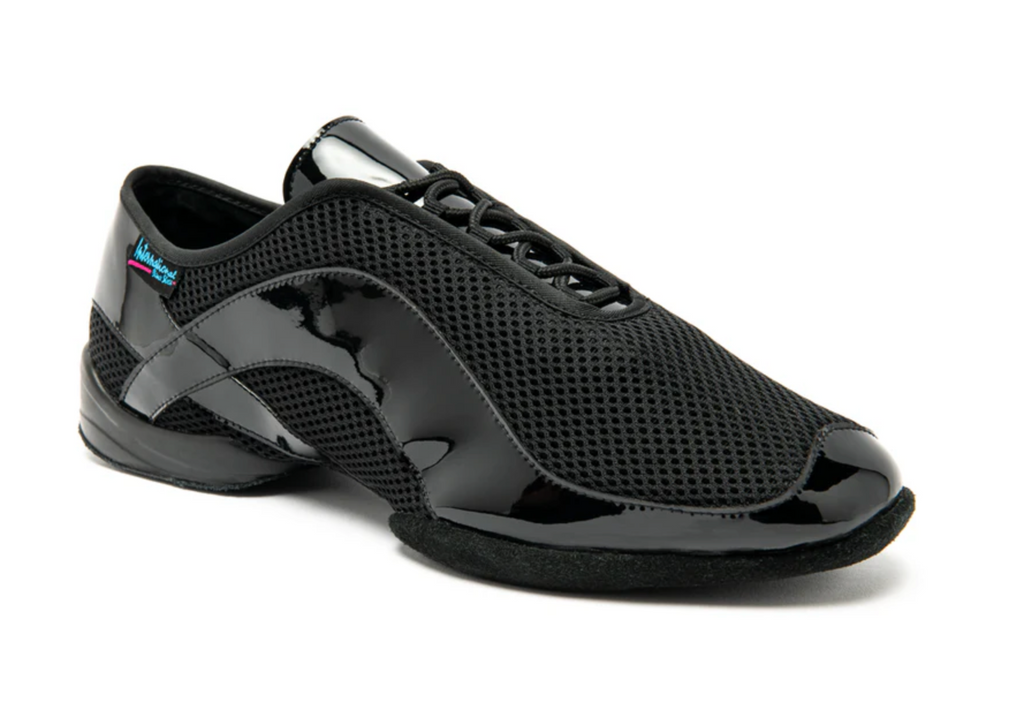 International Dance Shoes Tempo unisex practice dance shoe in Black Patent leather and breathable AirMesh, featuring a flexible split-sole design and low 1.5cm heel.