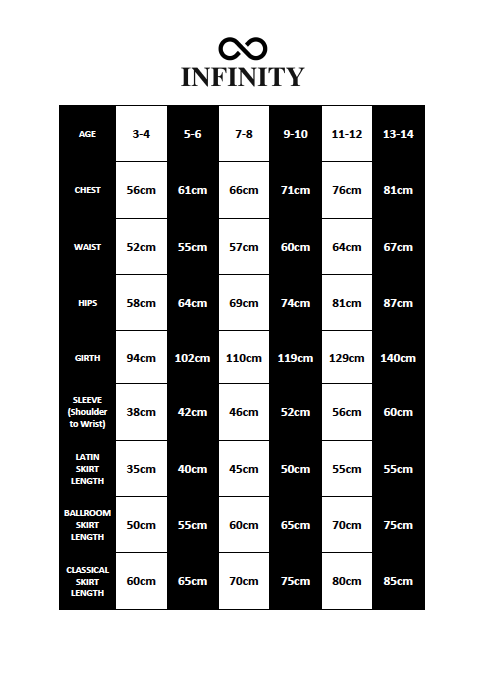 Infinity by Blackpool Dance Store juvenile age and measurement chart